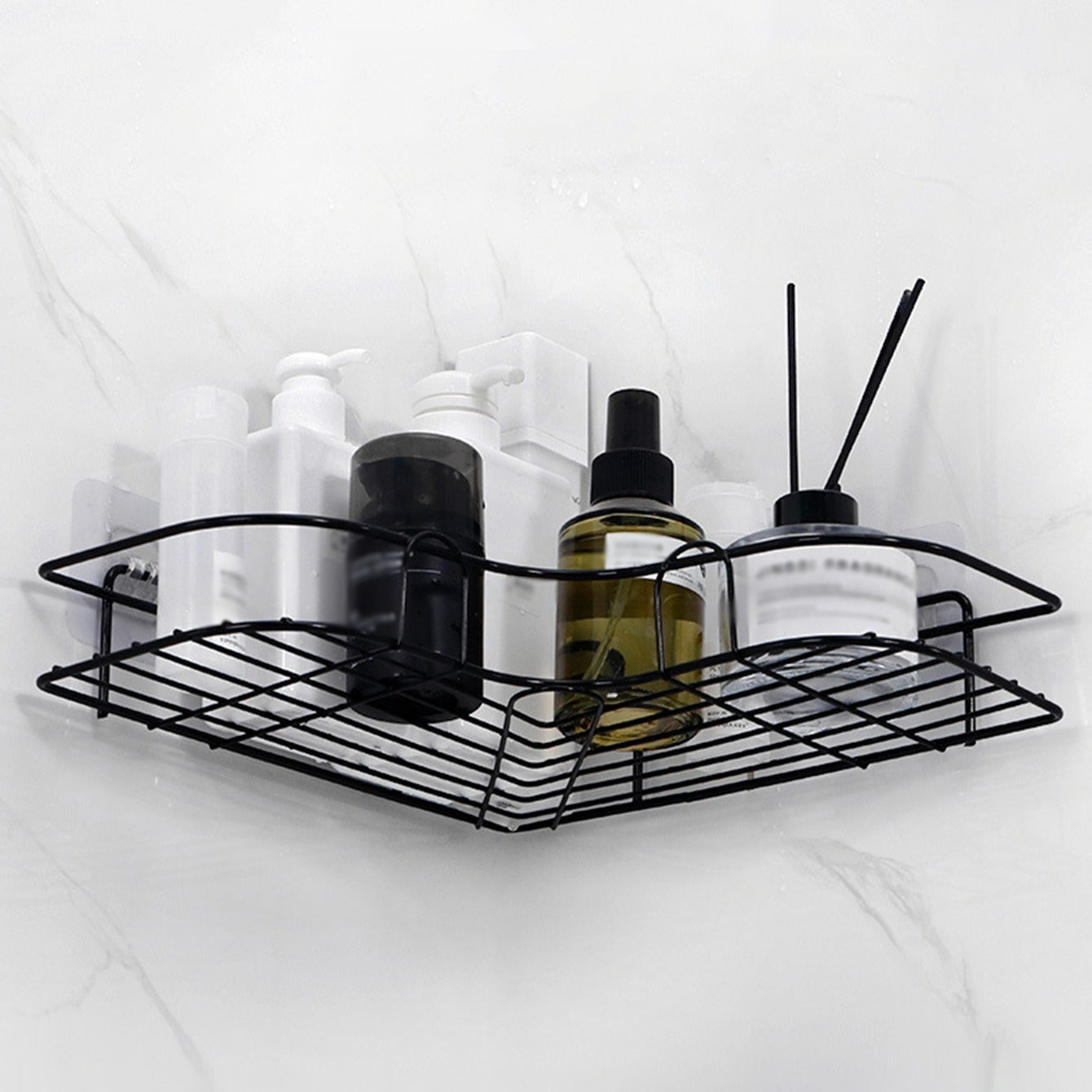1pc Cast Iron Corner Shower Shelf – No-Drill Wall Mount, Black Mesh