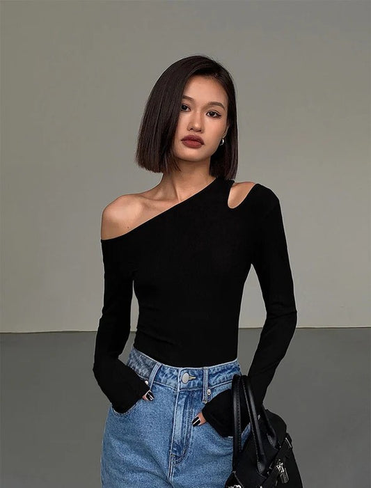Skew Collar Off-Shoulder Slim Crop Top – Long Sleeve Hollow Out Tee for Women