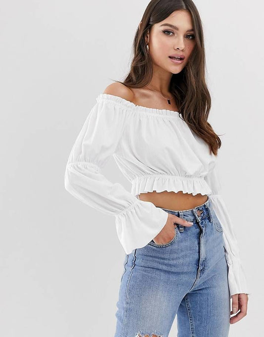 Women’s Off-Shoulder Puff Sleeve Blouse – Ruffle, Crop Top, White