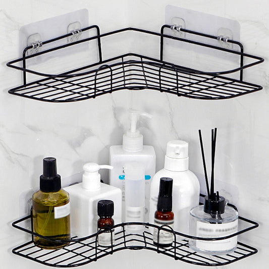 1pc Cast Iron Corner Shower Shelf – No-Drill Wall Mount, Black Mesh