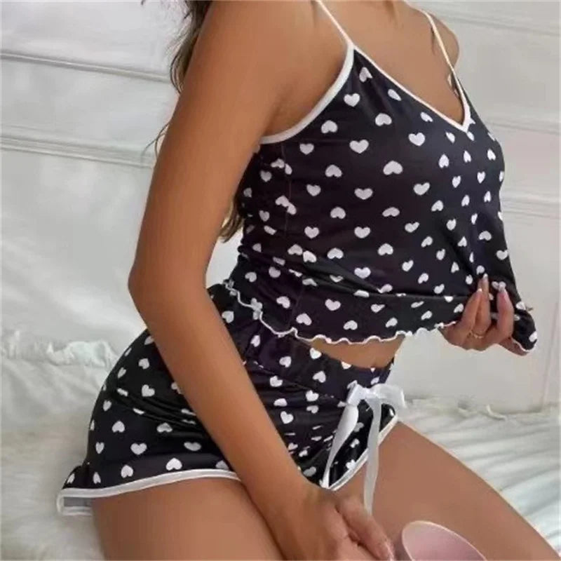 2024 Summer Women's Pajama Set – Soft Printed Vest & Shorts, Large Size, Casual Cute Sleepwear with Suspenders