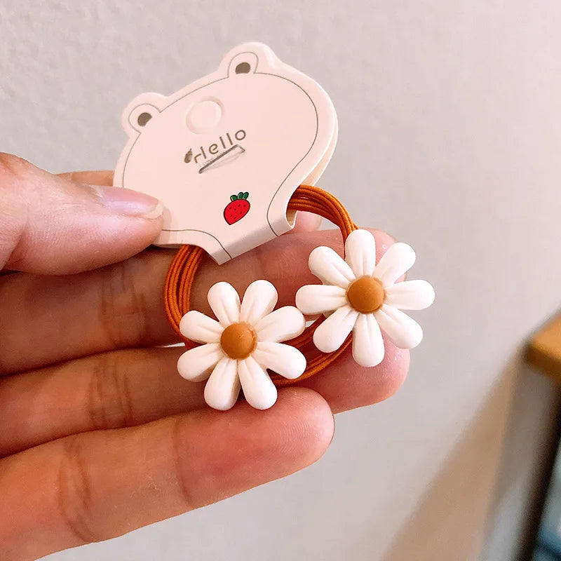 2Pcs Girls Cartoon Flower Hair Bands Cute, elastic rubber bands for kids—sweet and stylish hair accessories.