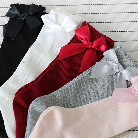 Children’s Princess Knee-High Socks – Soft Cotton Long Socks with Big Bow for Girls (0–12)Years, Spring/Autumn)