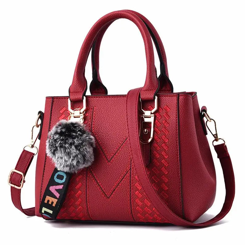 Embroidered Leather Messenger Bag with Fur Ball – Women's Handbag