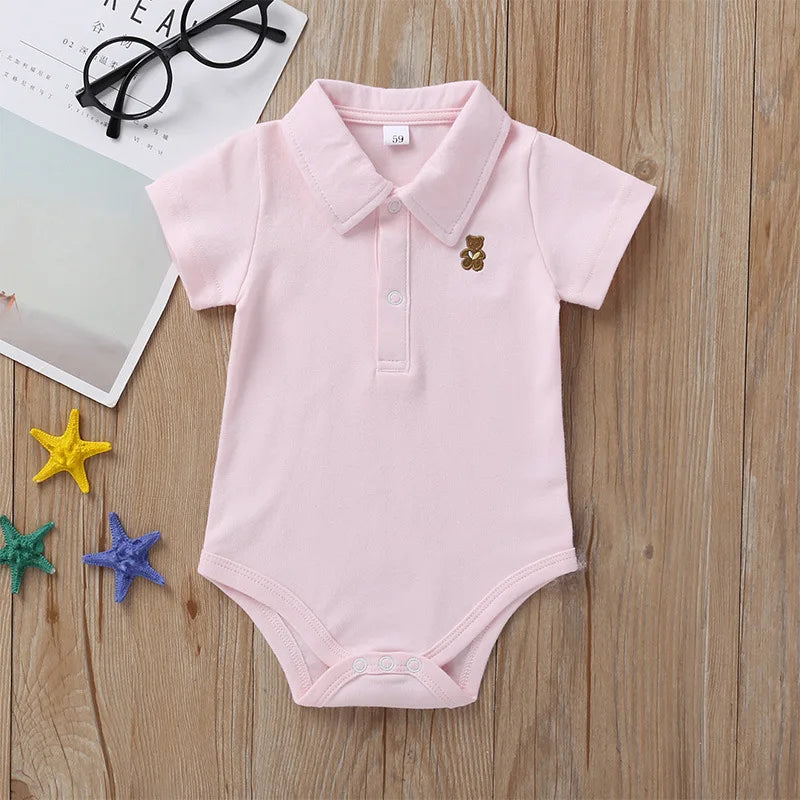 Newborn Baby Romper — 0–12M, Summer Polo Jumpsuit, 5 Solid Colors, Infant Outfit