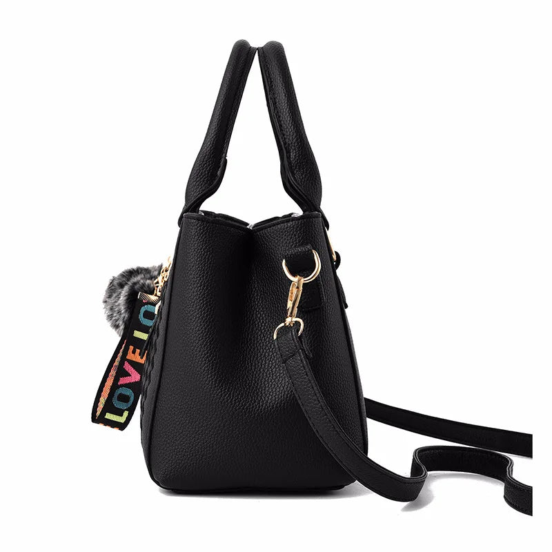 Embroidered Leather Messenger Bag with Fur Ball – Women's Handbag