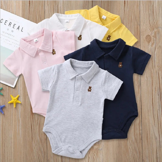 Newborn Baby Romper — 0–12M, Summer Polo Jumpsuit, 5 Solid Colors, Infant Outfit