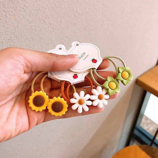 2Pcs Girls Cartoon Flower Hair Bands Cute, elastic rubber bands for kids—sweet and stylish hair accessories.