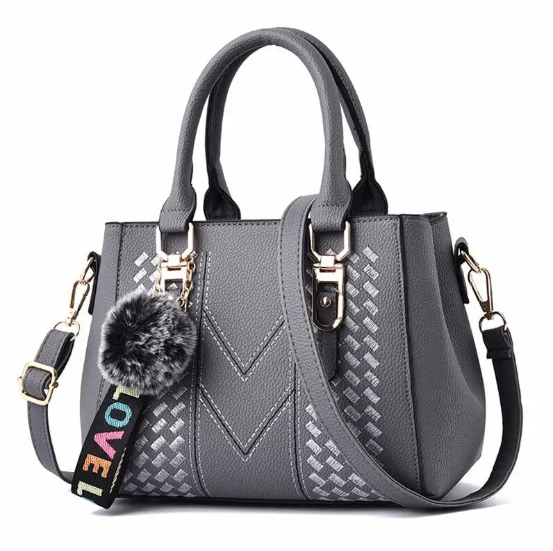 Embroidered Leather Messenger Bag with Fur Ball – Women's Handbag