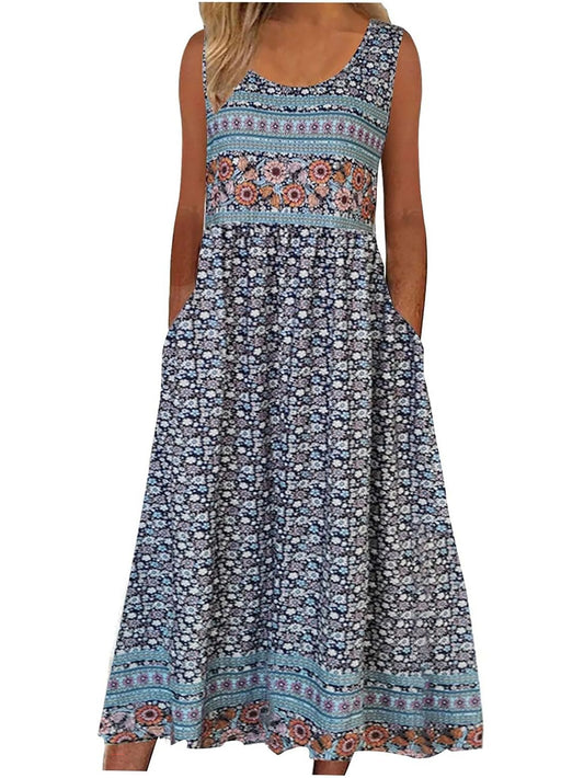 2025 Summer Women's Boho Floral Sleeveless Midi Sundress