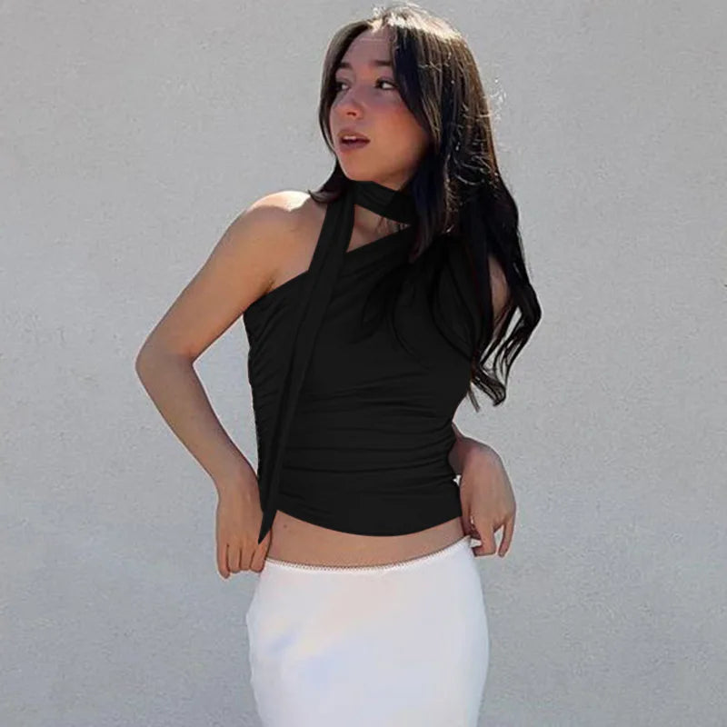 Women’s Backless Halter Crop Top – Sexy Off-Shoulder Sleeveless Y2K Clubwear, Summer 2024