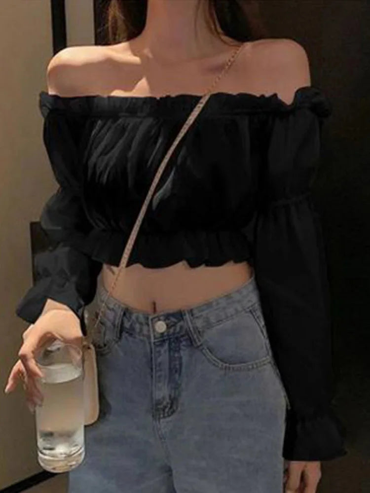 Women’s Off-Shoulder Puff Sleeve Blouse – Ruffle, Crop Top, White