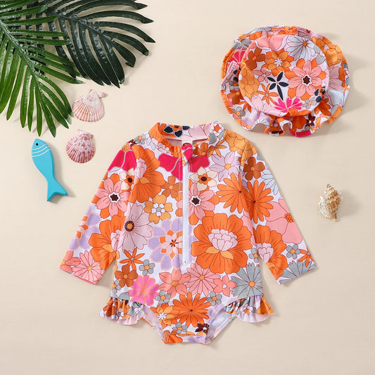 Baby Girl Swimsuit Set — 0–2Y Long Sleeve Floral/Shell Print with Hat, Spring/Summer