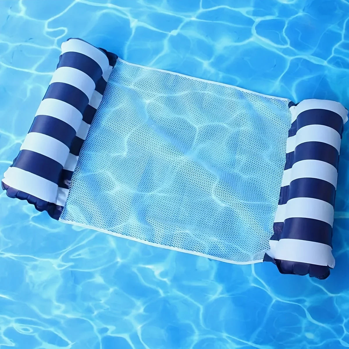 Foldable Inflatable Lounge Chair – Striped Pool & Beach Float with Net Backrest