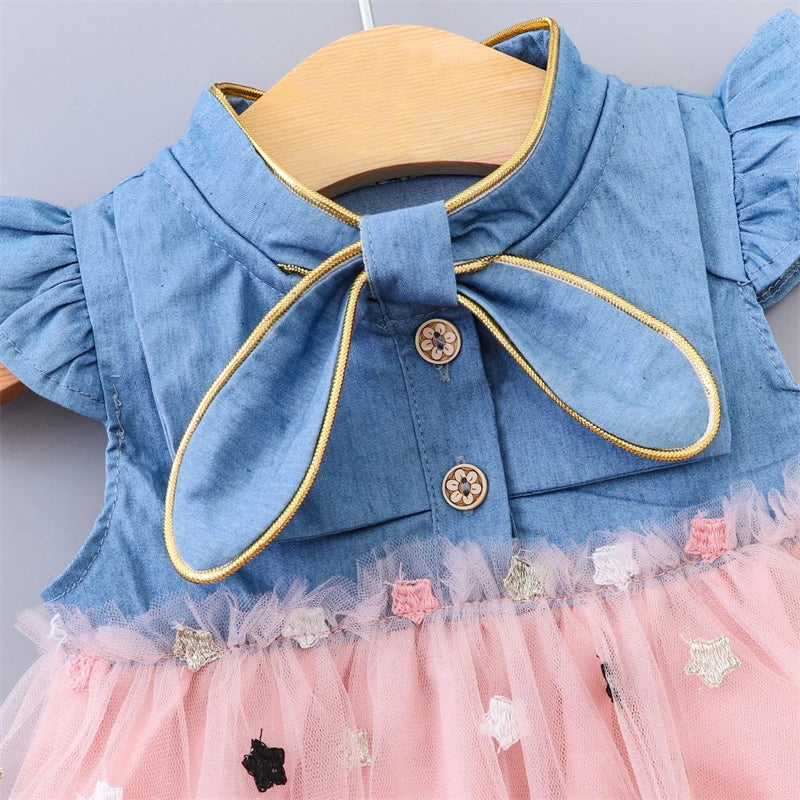 Baby Girl Summer Dress (0–4Y) – Tulle, Denim Cotton, Ruffle Sleeves – A458
