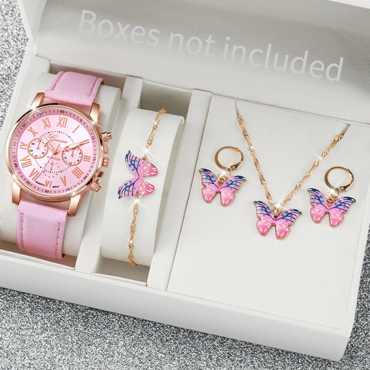 5/6PCS Women’s Quartz Watch Set – Leather Band & Rhinestone