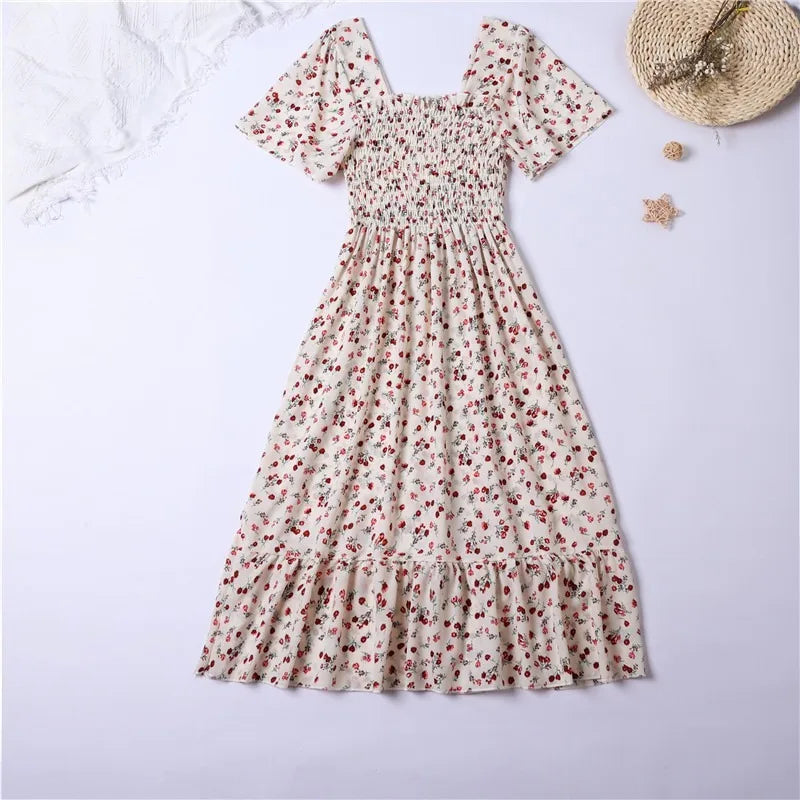Elegant Korean Summer Floral Dress Style- with Square Neckline, Ruffle Details & Elastic Waist