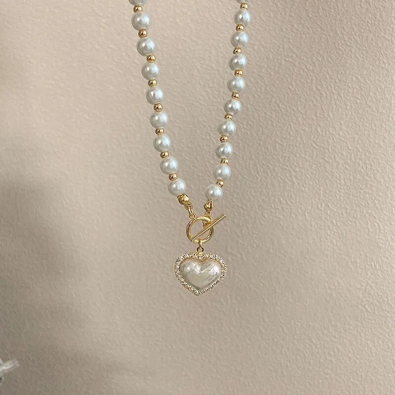 Elegant Heart Pearl Necklace for Women – Luxury Korean-Inspired Jewelry, Imitation Pearls, Ideal Gift for Girls