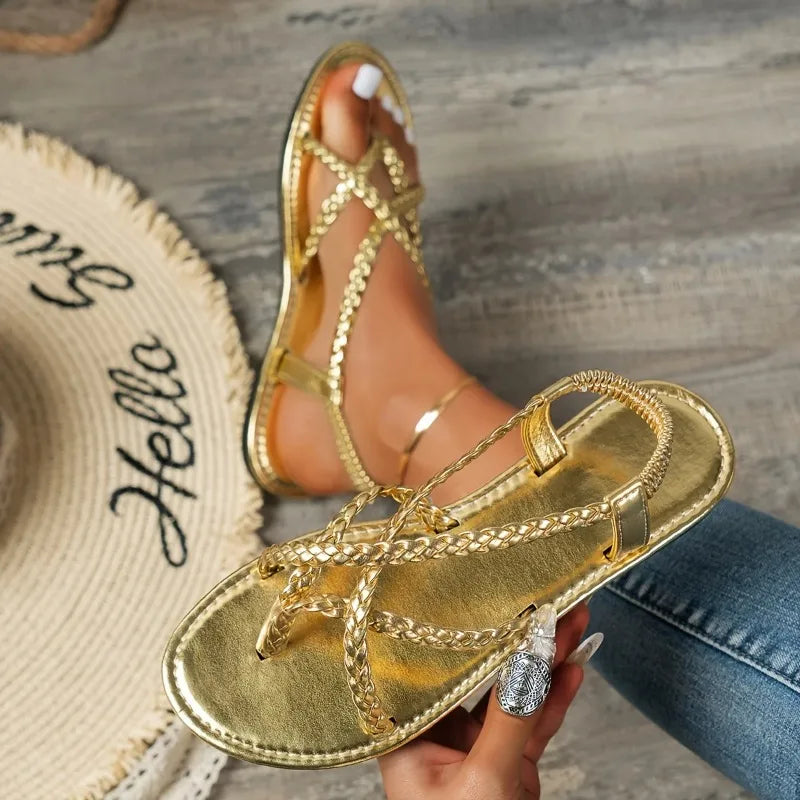 Women's Braided Flat Sandals – Casual, Lightweight, Clip Toe Summer Shoes with Elastic Band in Gold & Silver.
