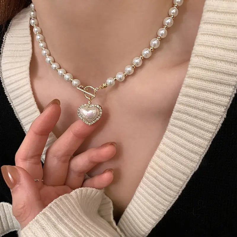 Elegant Heart Pearl Necklace for Women – Luxury Korean-Inspired Jewelry, Imitation Pearls, Ideal Gift for Girls
