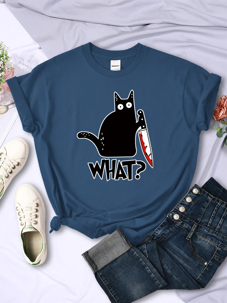 Black Cat Knife Tee – Women’s Short Sleeve Summer Streetwear