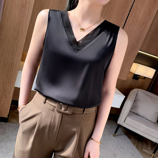 Silk Satin V-Neck Tank Top – Women's Sleeveless Mesh Strap Cami