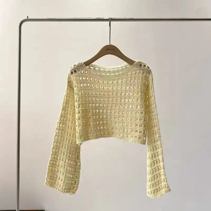 Women’s Long Sleeve Crochet Knit Top – Boho Beach Cover-Up