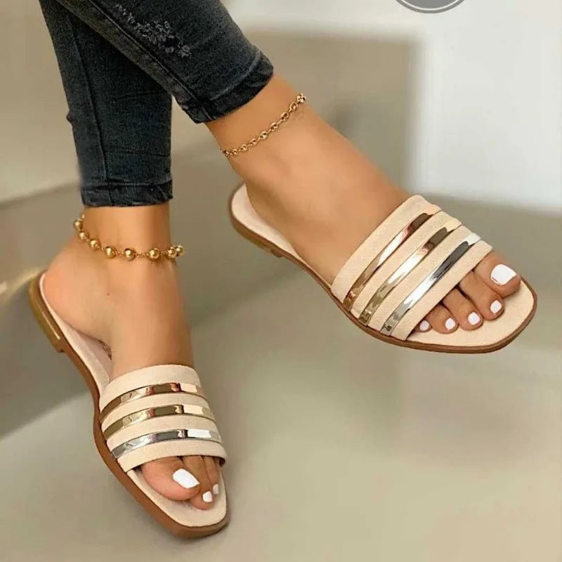 Women's Summer Slip-On Sandals – Metal Striped Flats, Casual Outdoor Slides, Sizes up to 43