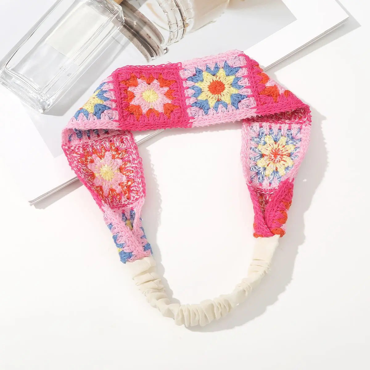 Boho Crochet Turban Headband – Vintage Floral Knit Hair Scarf for Women