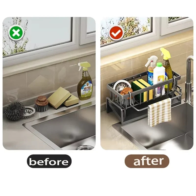 Kitchen Sink Storage Rack – No-Punch, Drainage Shelf for Rags, Sponges & Spices