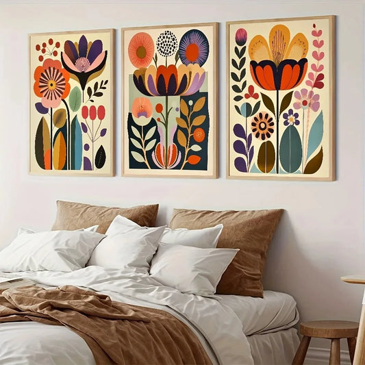 3pcs Scandinavian Folk Art Floral Canvas Prints — Boho Nordic Wall Art for Modern Living Rooms