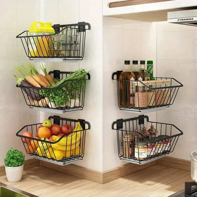 Stainless Steel Kitchen Storage Basket – Wall-Mounted Organizer for Fruits, Vegetables, Spices & Dishes