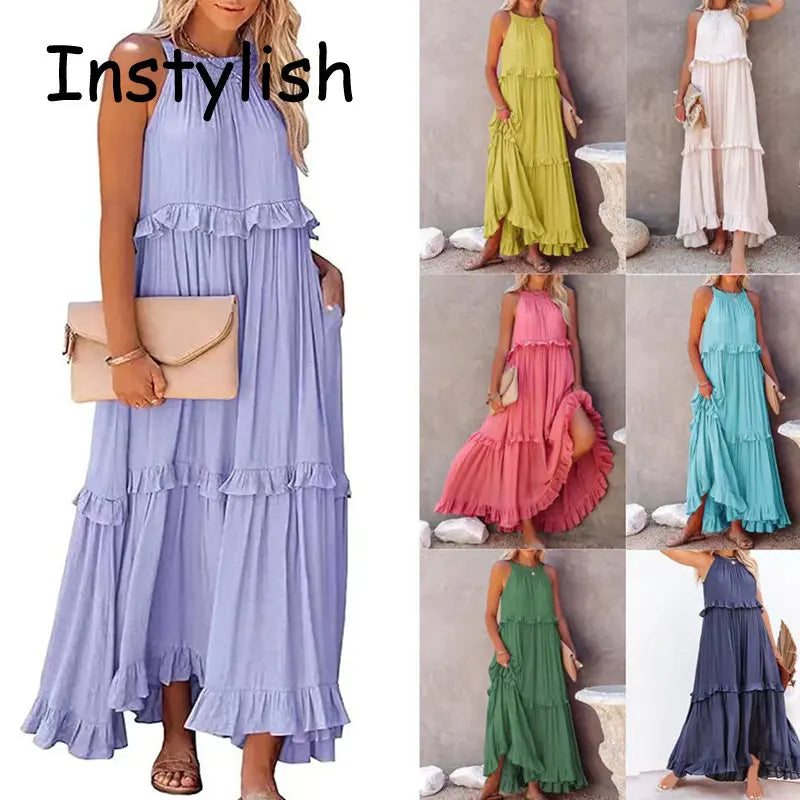 Women’s Casual Solid Ruffle Maxi Dress – Sleeveless Summer Beach Sundress, Elegant Party Vestido