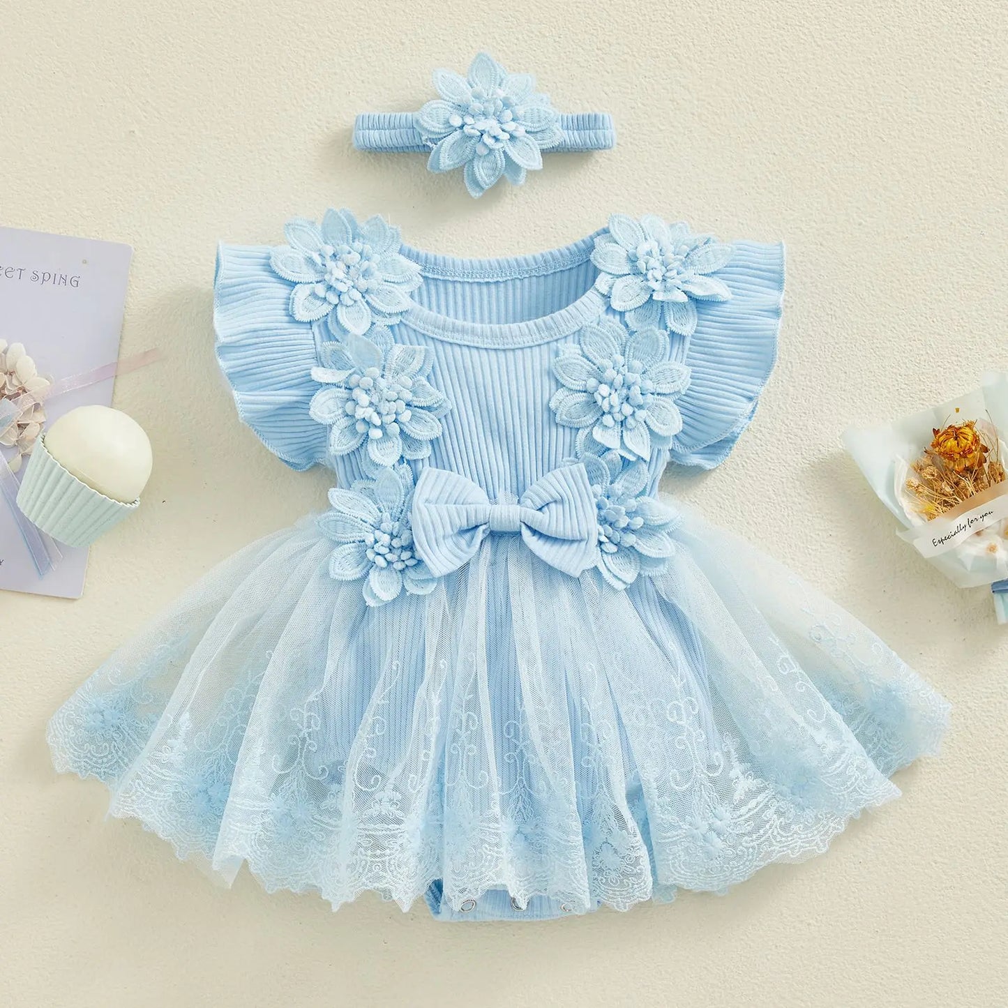Baby Girl Lace Dress— Tulle Dress Bodysuit with Headband, Spring/Summer Outfit