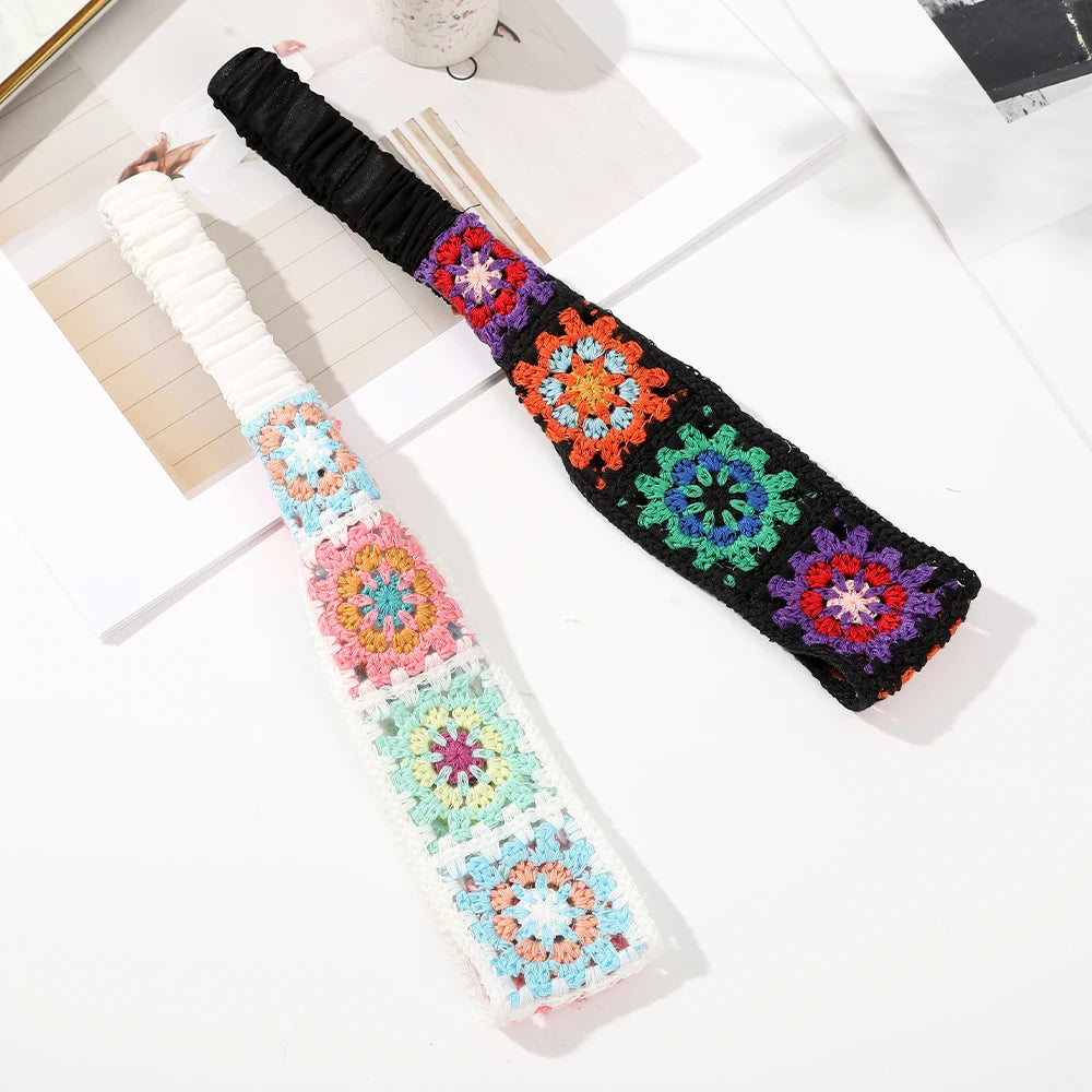 Boho Crochet Turban Headband – Vintage Floral Knit Hair Scarf for Women