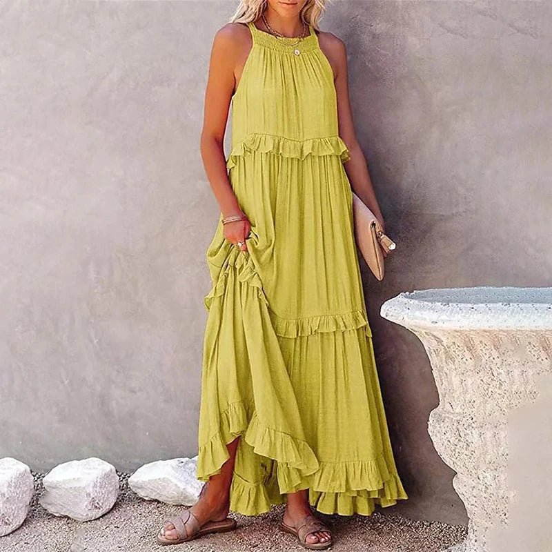 Women’s Casual Solid Ruffle Maxi Dress – Sleeveless Summer Beach Sundress, Elegant Party Vestido