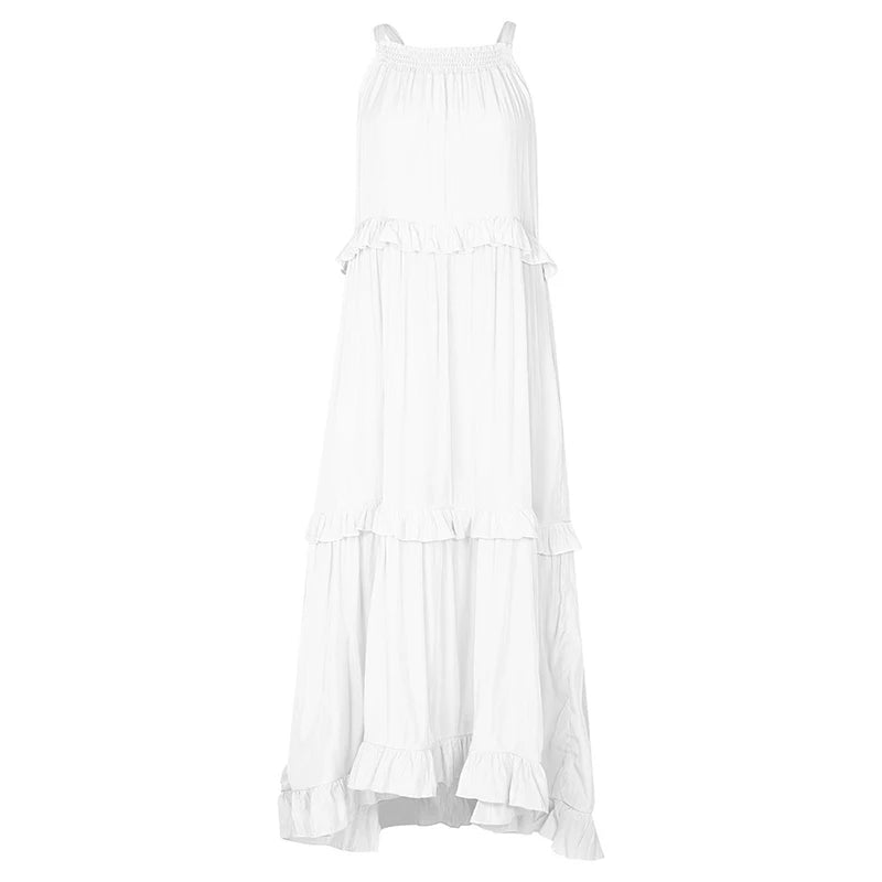 Women’s Casual Solid Ruffle Maxi Dress – Sleeveless Summer Beach Sundress, Elegant Party Vestido