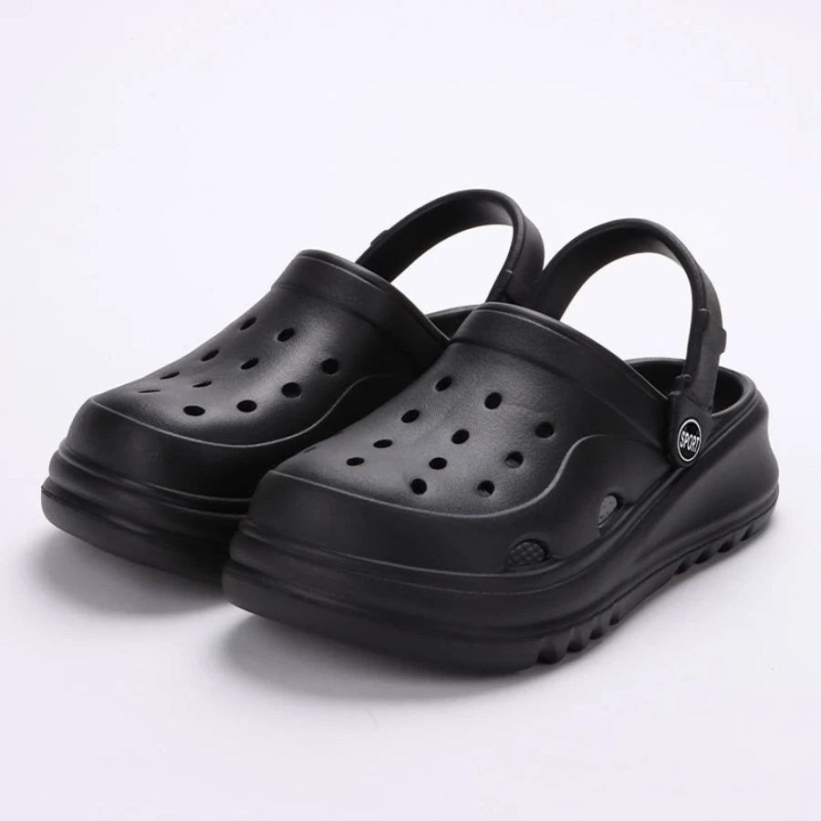 Thick-soled, non-slip beach sandals with wedge design.