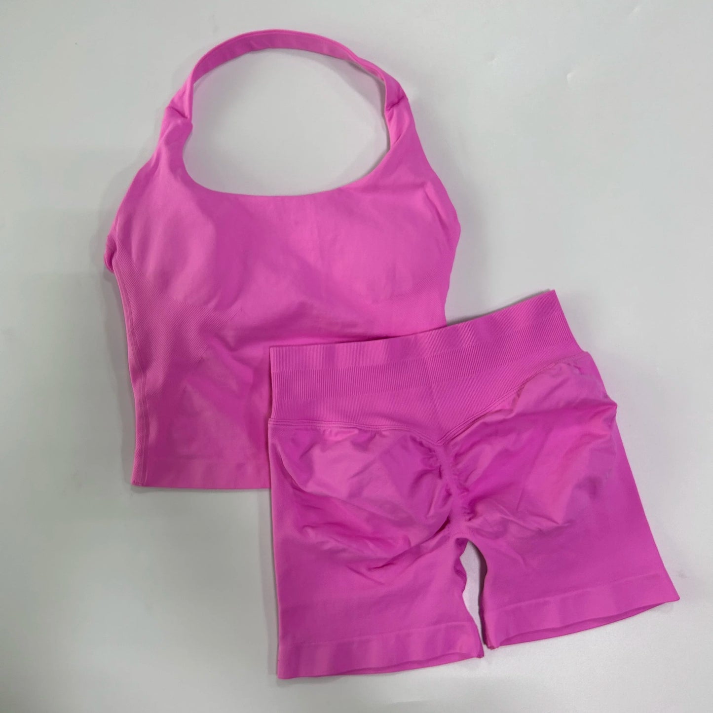 Women’s 2-Piece Yoga & Gym Set – Backless Halter Top & High-Waist Seamless Shorts