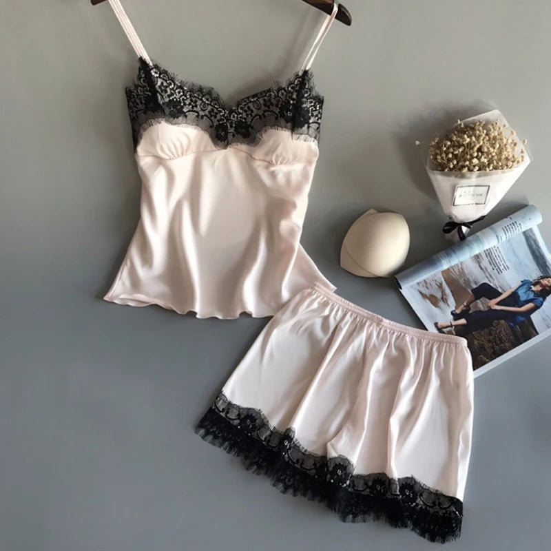 Women’s Satin Pajama Set – V-Neck Lace Baby doll with Bowknot & Sleep Shorts Lingerie