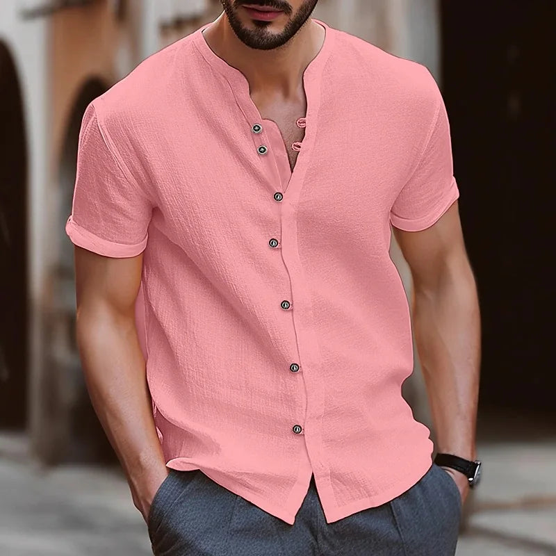 Men's Collarless Polo Shirt — Casual Beach Style Short Sleeve Top