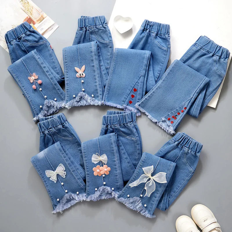 Girls' Printed Bell-Bottom Jeans Fashionable elastic denim trousers for spring/autumn—casual and comfy.