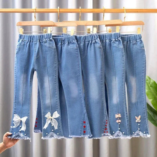 Girls' Printed Bell-Bottom Jeans Fashionable elastic denim trousers for spring/autumn—casual and comfy.