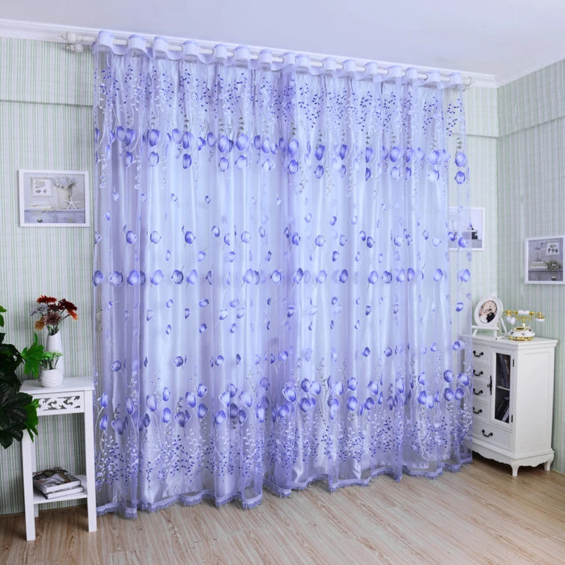 Sheer Tulip Print Curtains – Voile Tulle Window Drapes for Bedroom, Living Room, Kitchen & Balcony