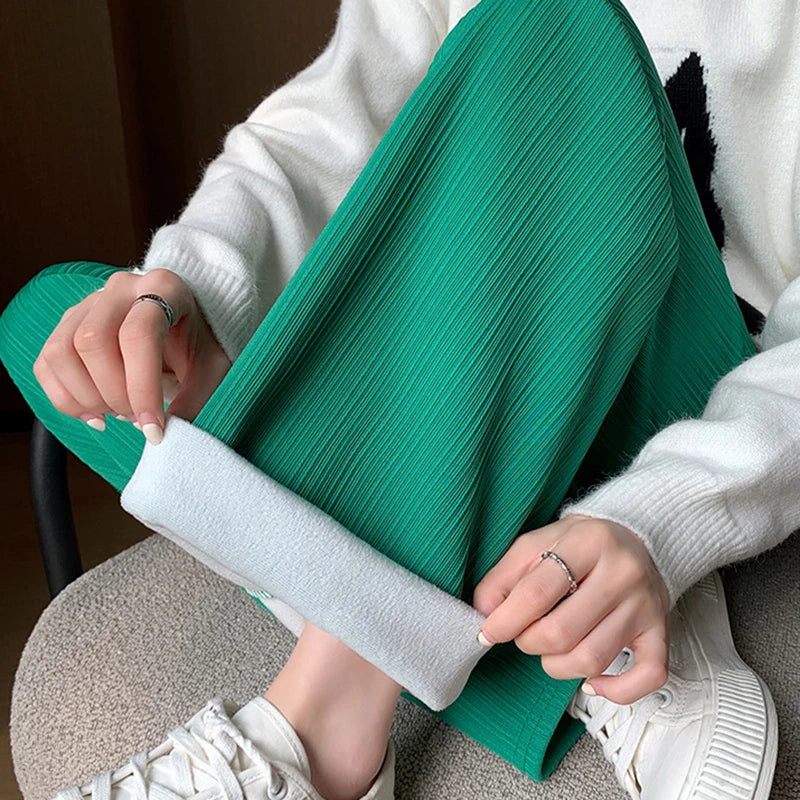 Casual Fleece Lined Wide Leg Pants Women High Waist Warm Winter Trousers Solid Color Loose Straight Pocket Pants