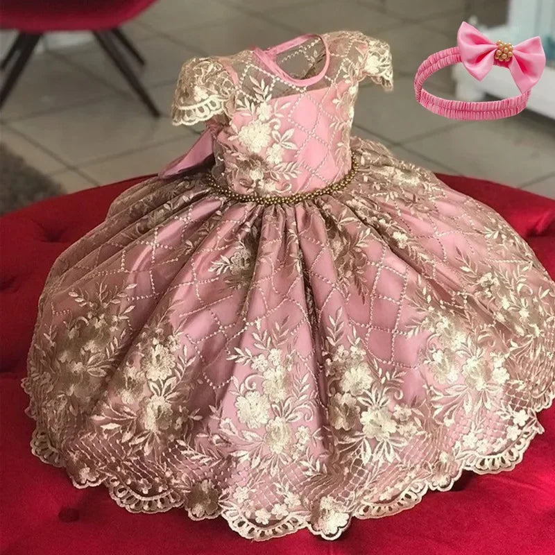 2024 Girls' Lace Princess Dress – Formal, Elegant, Vintage Embroidered Gown