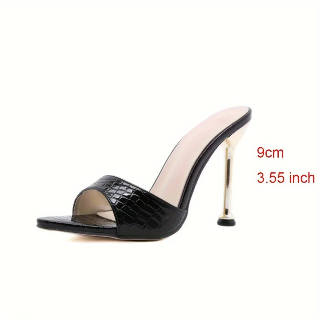 Glam Crocodile-Texture Stiletto Sandals – Chic Slip-On High Heels with Pointed Peep Toe for Parties & Banquets