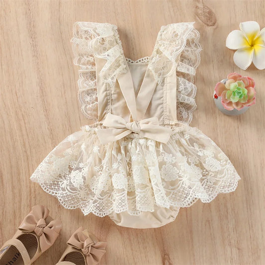 Baby Summer Romper – Newborn to 24M, Ruffle Sleeve & Lace Tutu Dress