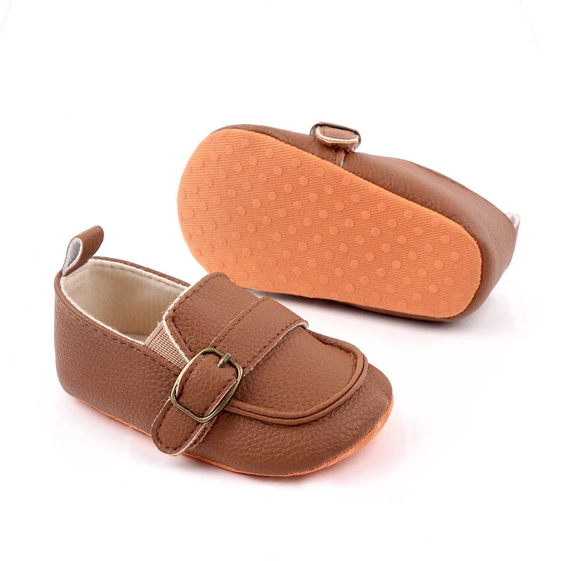Fashion Infant Crib Shoes — PU Leather Loafers for Baby Boys, Anti-Slip Soft Sole, Black