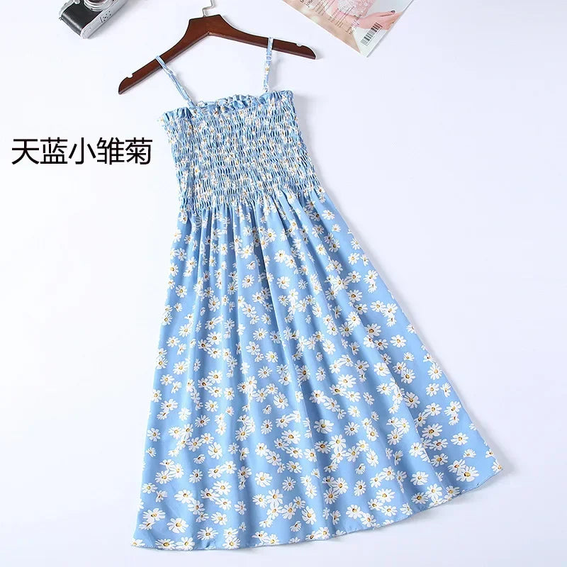 Women's Summer Chiffon Spaghetti Strap Mini Dress – Sleeveless, Elastic Waist, Casual Vestidos